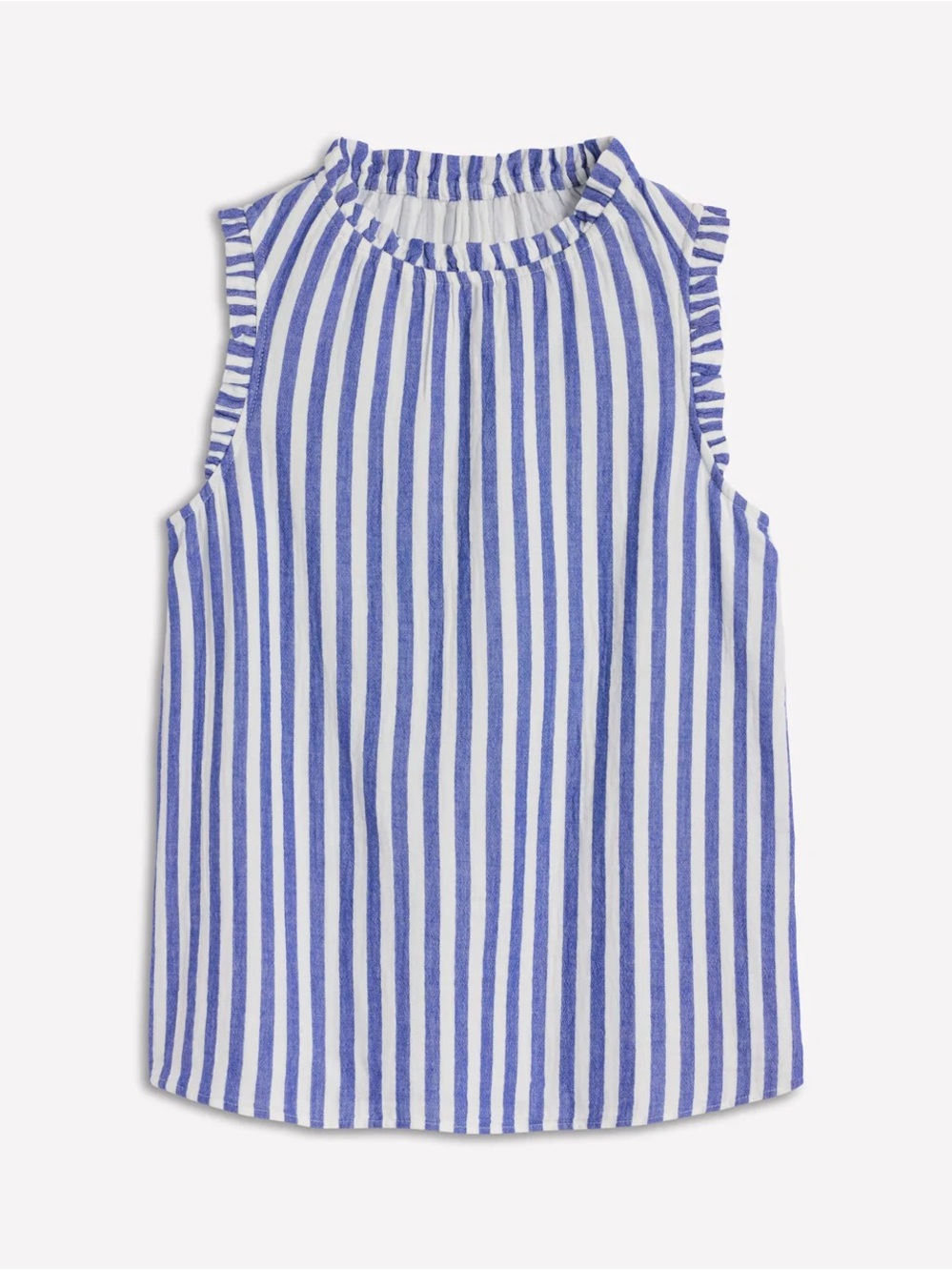 Boden Blue and White Striped Sleeveless Top with Ruffle Trim